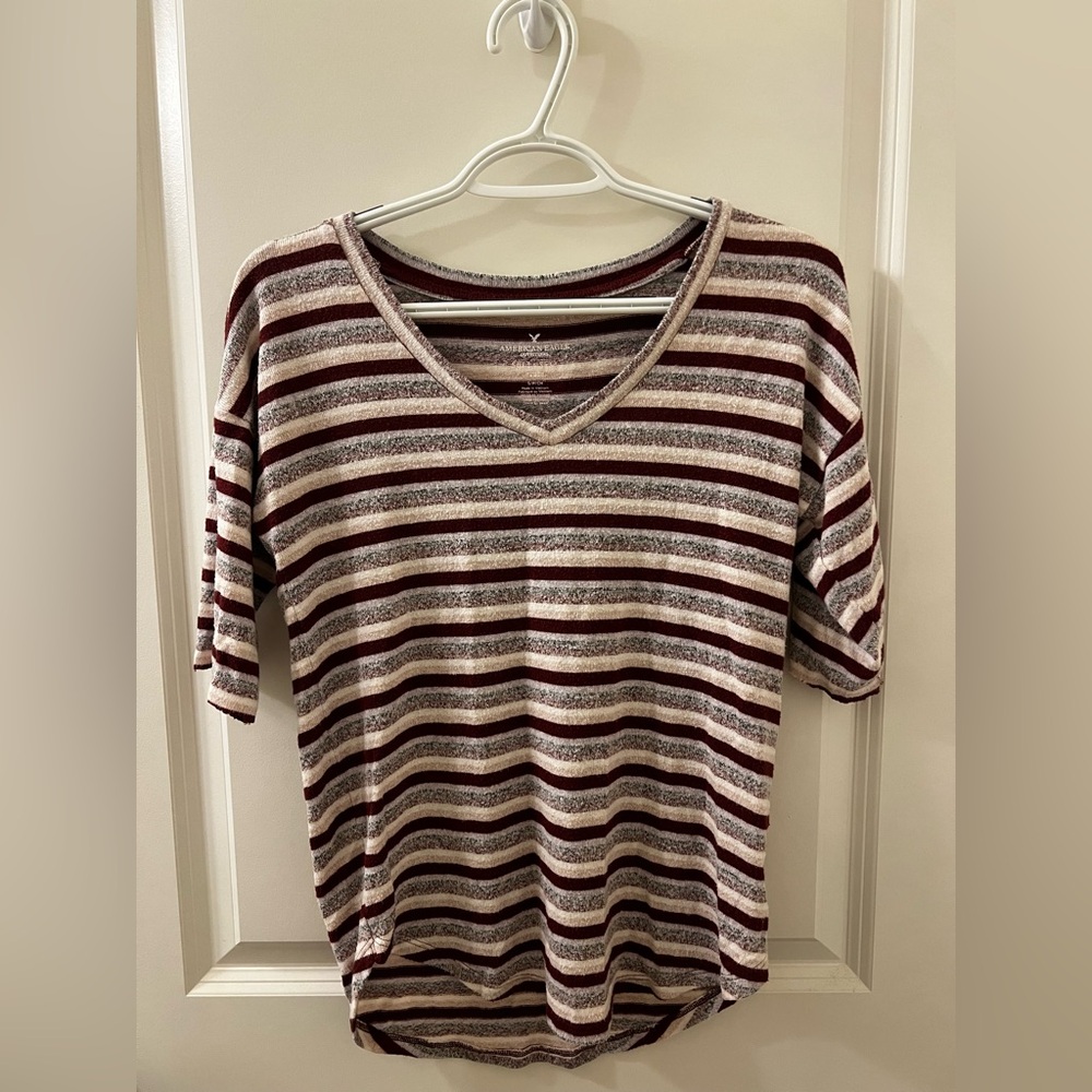 American Eagle Outfitters Maroon and White Striped Tee